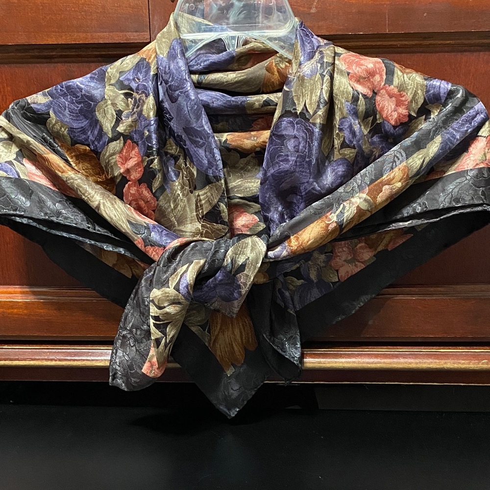 Vintage black Floral Patterned 34” x 34” shiny Scarf